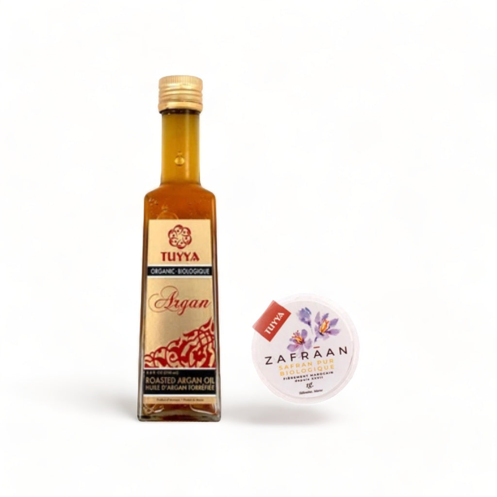 Moroccan Organic Roasted Argan Oil and Taliouine Saffron in a gift box.