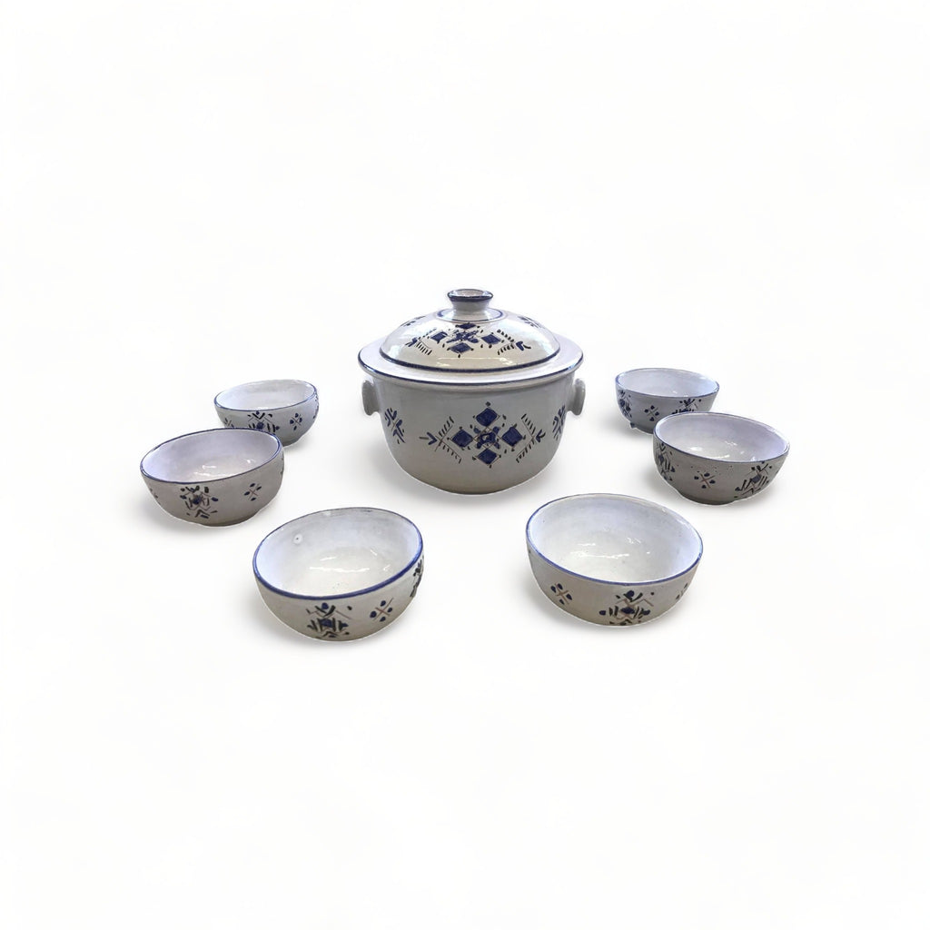 Hand-painted Blue & White Salé Soup Tureen Set with six matching bowls from Morocco.