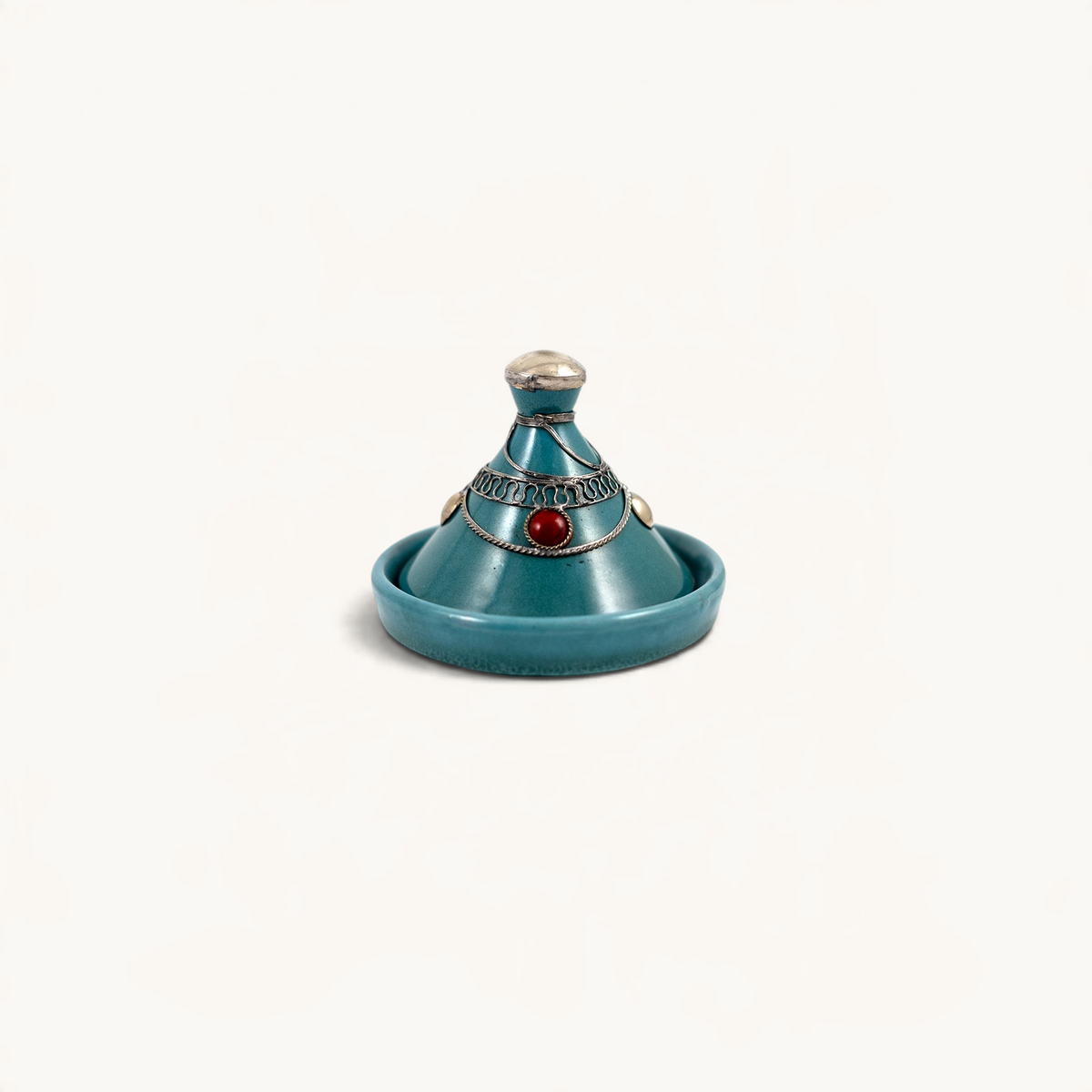 TUYYA handcrafted teal ceramic mini tajine with decorative silver metal ornaments and a red stone accent
