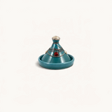 TUYYA handcrafted teal ceramic mini tajine with decorative silver metal ornaments and a red stone accent