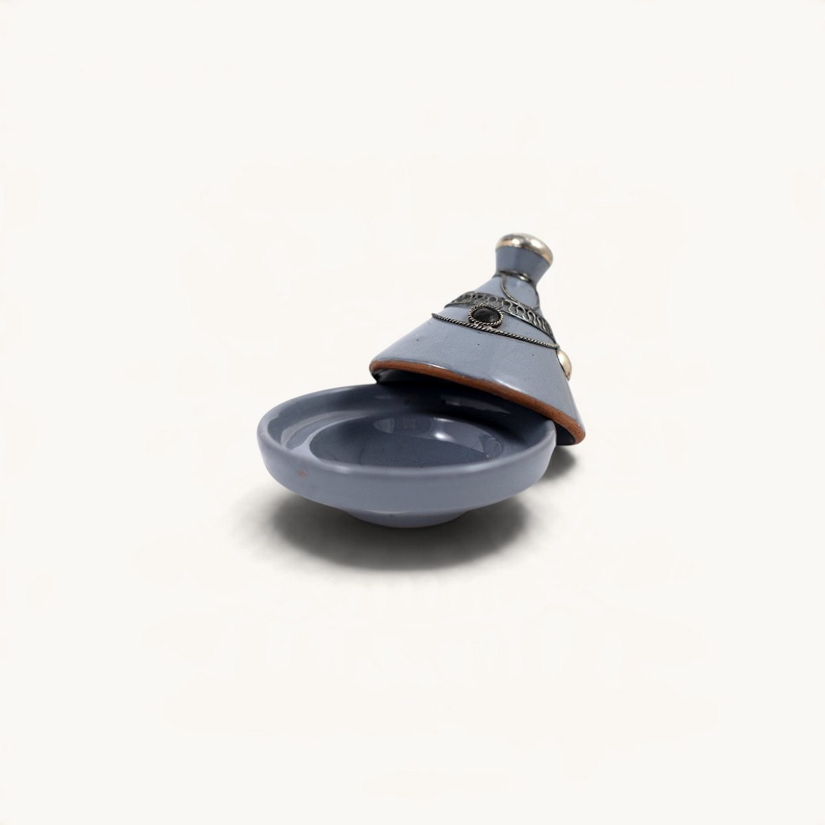 TUYYA handcrafted grey ceramic mini tajine with decorative silver metal ornaments on the lid