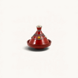 TUYYA handcrafted red ceramic mini tajine with silver metal ornaments and a decorative yellow stone accent.