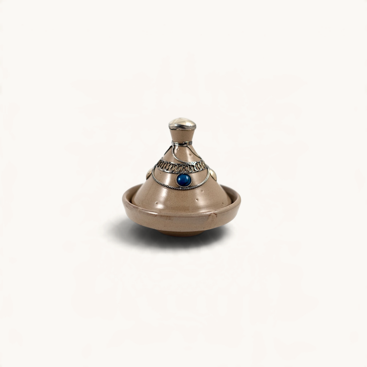 TUYYA handcrafted beige ceramic mini tajine with decorative silver metal ornaments and a blue stone accent