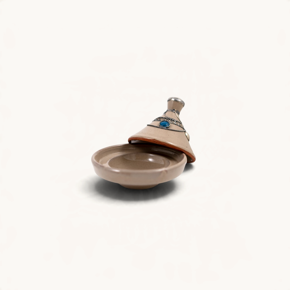 TUYYA handcrafted Moroccan mini tajine in ceramic with a silver metal and blue stone decorated lid