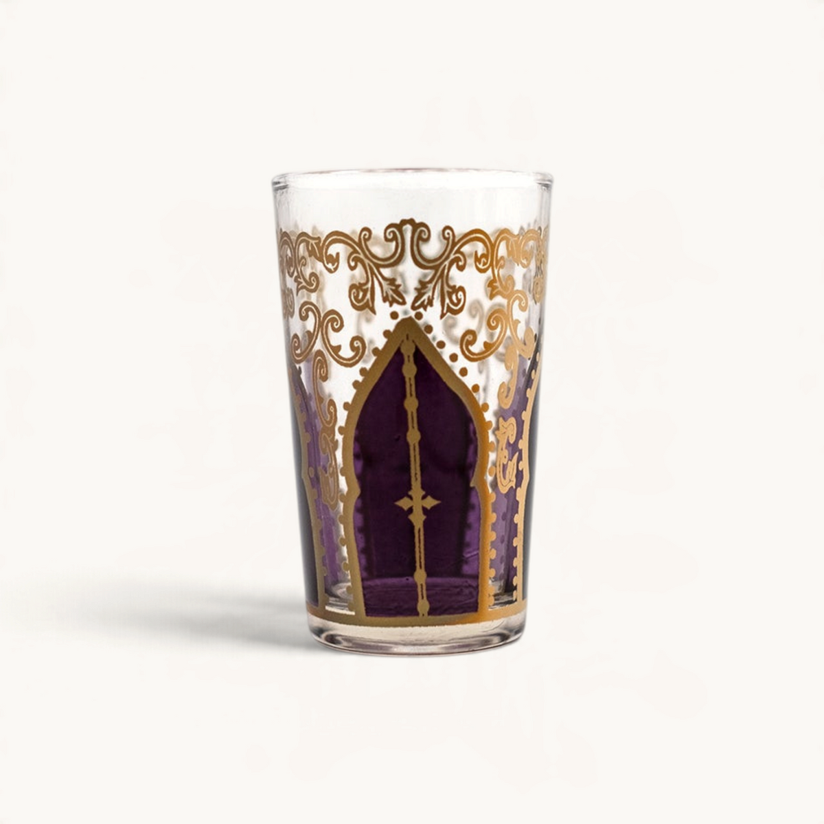 TUYYA Tamanssourt tea cup in purple glass with intricate gold filigree and traditional Moroccan arch design
