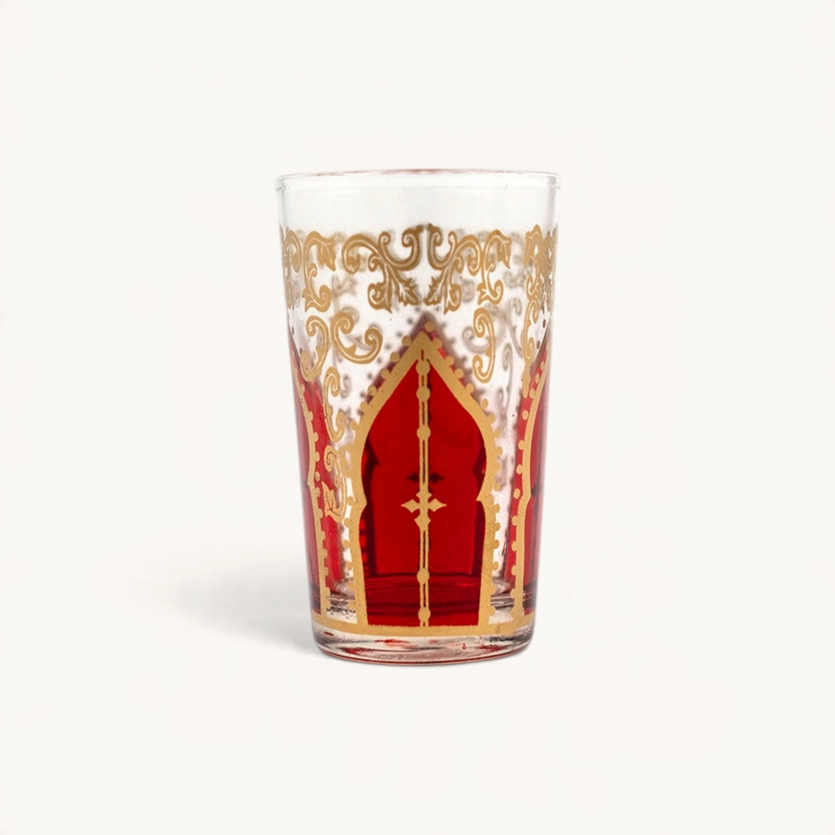 TUYYA Tamanssourt tea cup in red glass with intricate gold filigree Moroccan patterns