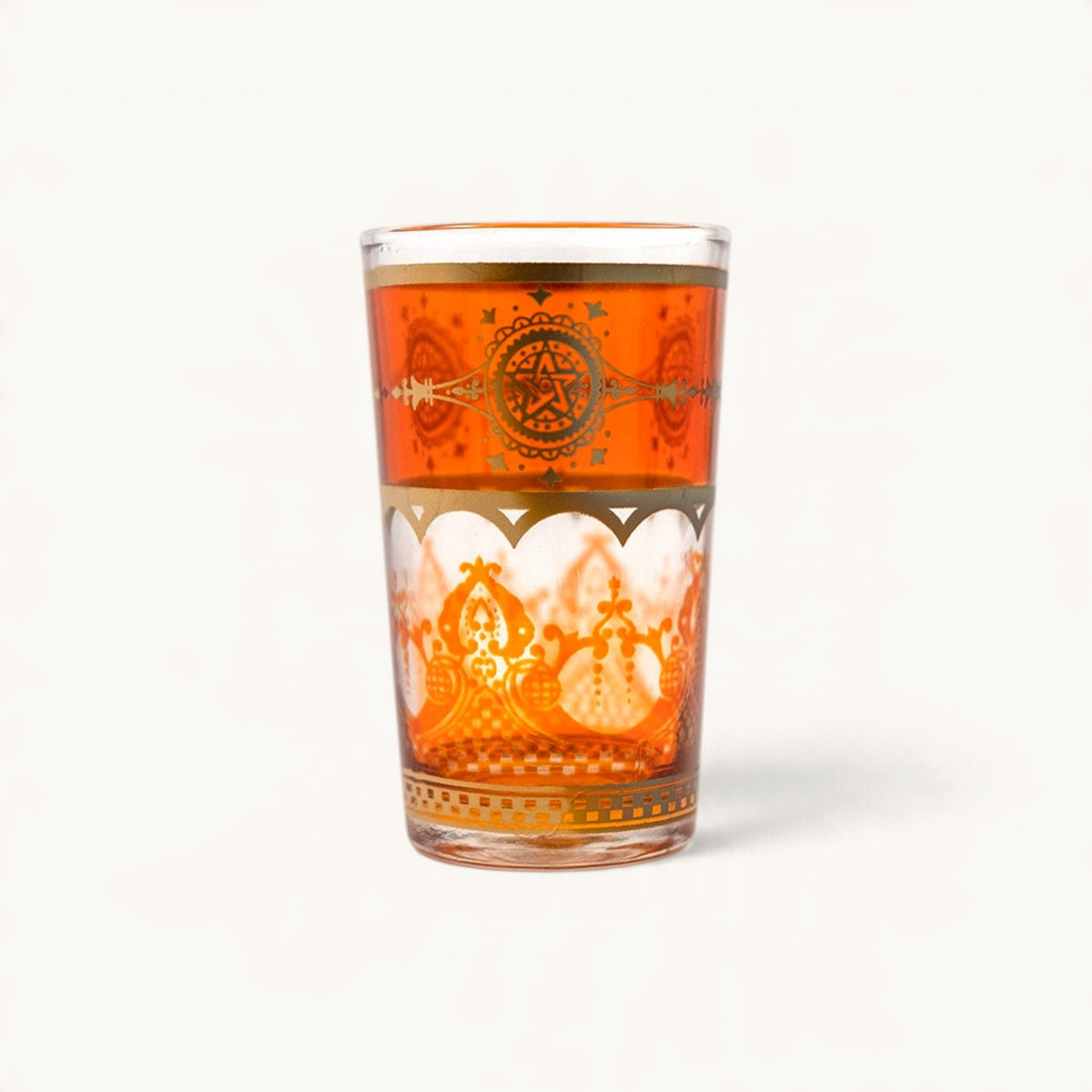 TUYYA 4 oz Touareg tea glass in amber with intricate gold Moroccan patterns and decorative filigree details