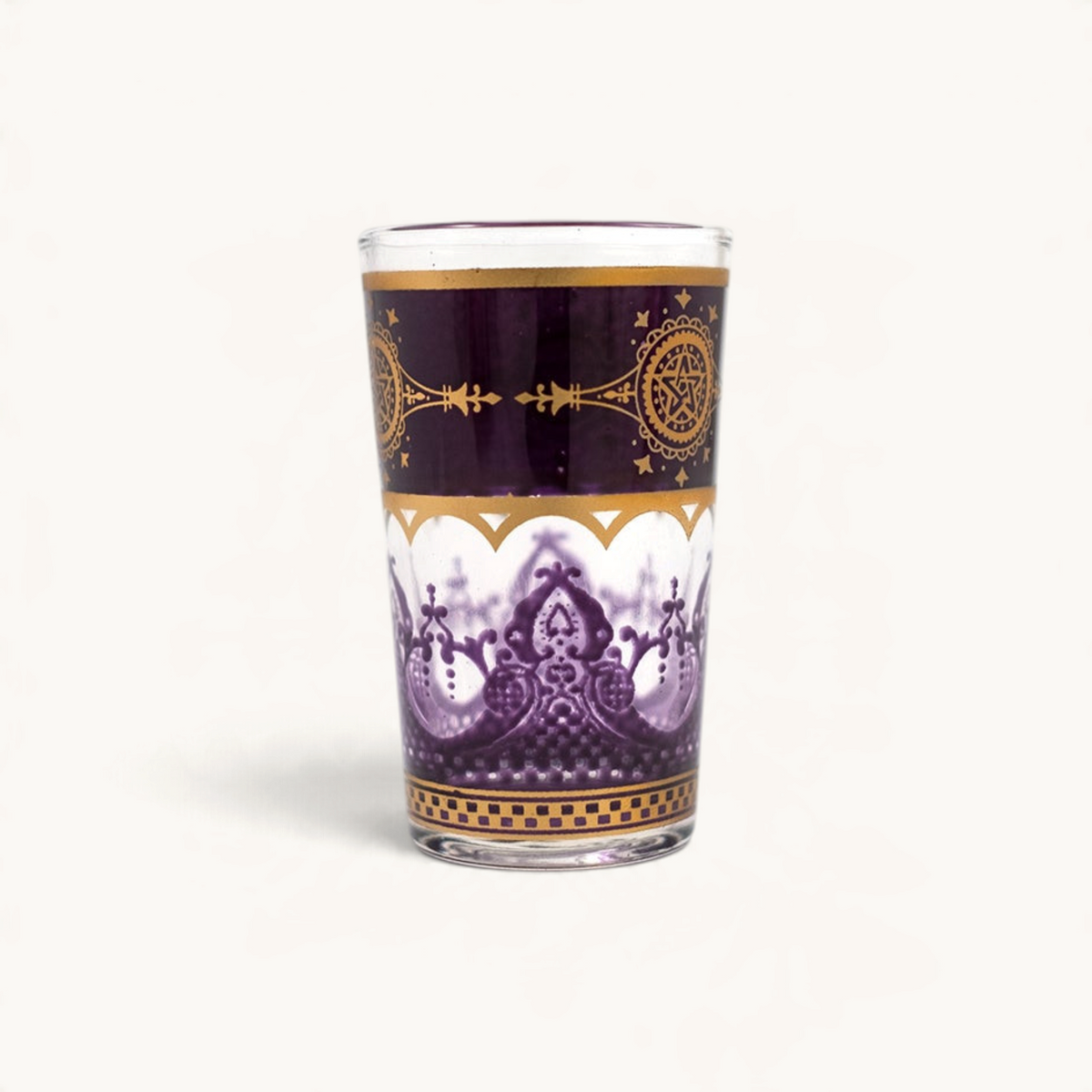 TUYYA 4 oz Touareg tea glass in purple with intricate gold Moroccan patterns and decorative rim detailing
