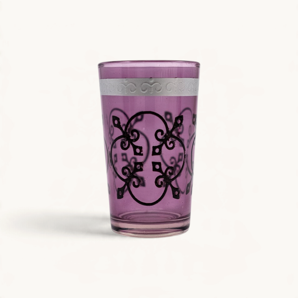 TUYYA Jazz Relief 4 oz tea cup in purple glass with intricate black and silver decorative patterns