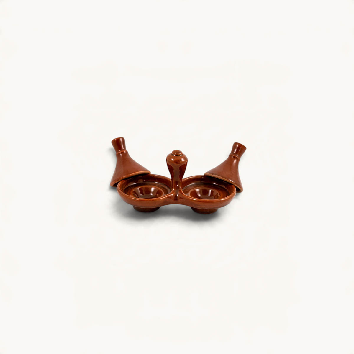 TUYYA handmade brown ceramic salt and pepper tajine set for condiments on a white background
