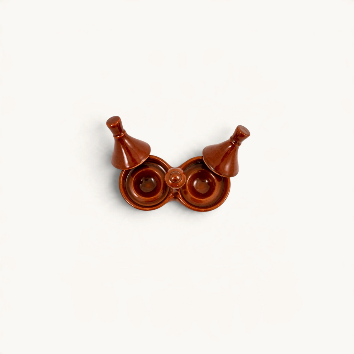 TUYYA handmade brown ceramic double mini tajine for spices and condiments on a white background