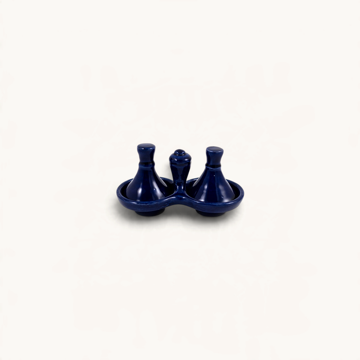 TUYYA dark blue ceramic salt and pepper tajine set, handcrafted Moroccan condiment server with two mini lids.