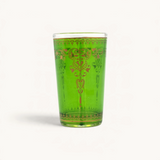 TUYYA Marjana 4 oz green glass tea cup with intricate gold Moroccan-style patterns