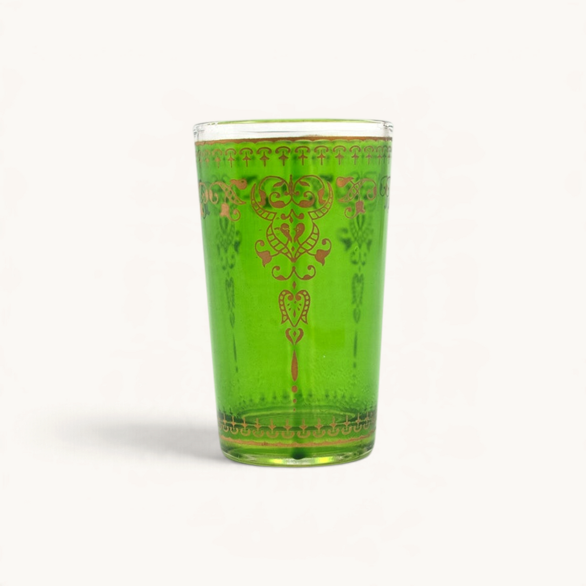 TUYYA Marjana 4 oz green glass tea cup with intricate gold Moroccan-style patterns