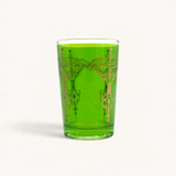 TUYYA Kandil 6oz tea cup in vibrant green glass with intricate gold filigree patterns for Moroccan tea service.
