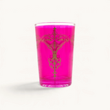 TUYYA 6oz Kandil tea cup in vibrant pink glass with intricate gold Moroccan-style decorative patterns