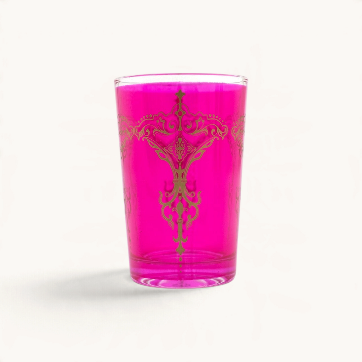 TUYYA 6oz Kandil tea cup in vibrant pink glass with intricate gold Moroccan-style decorative patterns
