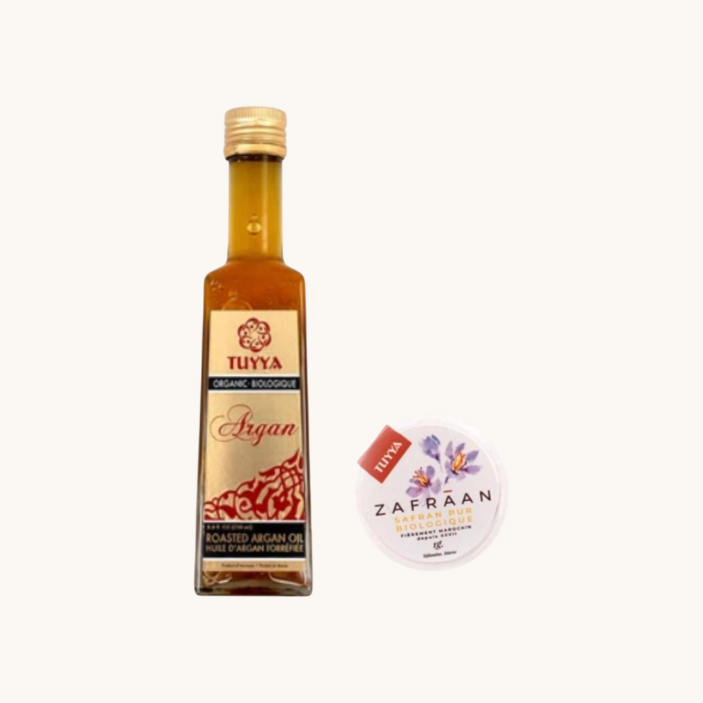 Moroccan Organic Roasted Argan Oil and Taliouine Saffron in a gift box.