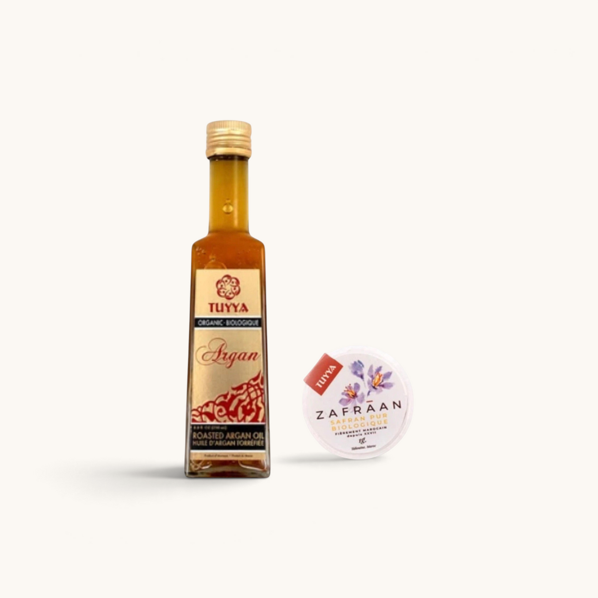 Moroccan Organic Roasted Argan Oil and Taliouine Saffron in a gift box.