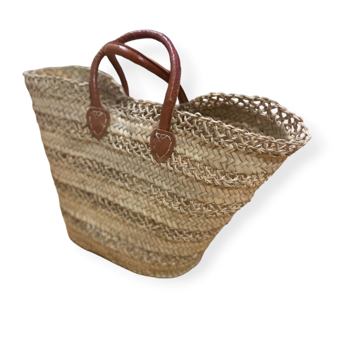 Handwoven Basket with Camel Leather Handles