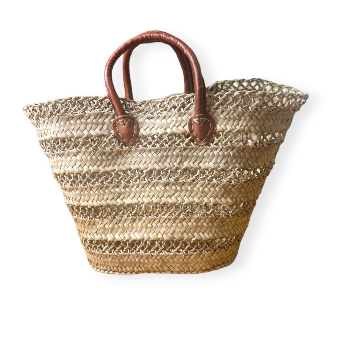 Handwoven Basket with Camel Leather Handles