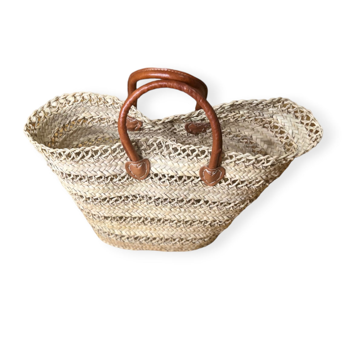 Handwoven Basket with Camel Leather Handles