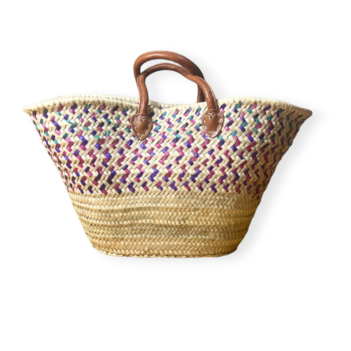 Basma Unique Moroccan Wicker Basket with Green, Eggplant and Light Mauve Patterns