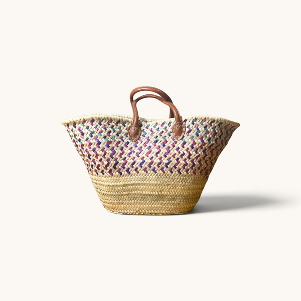Basma Moroccan Wicker Basket – Green, Eggplant & Mauve Pattern