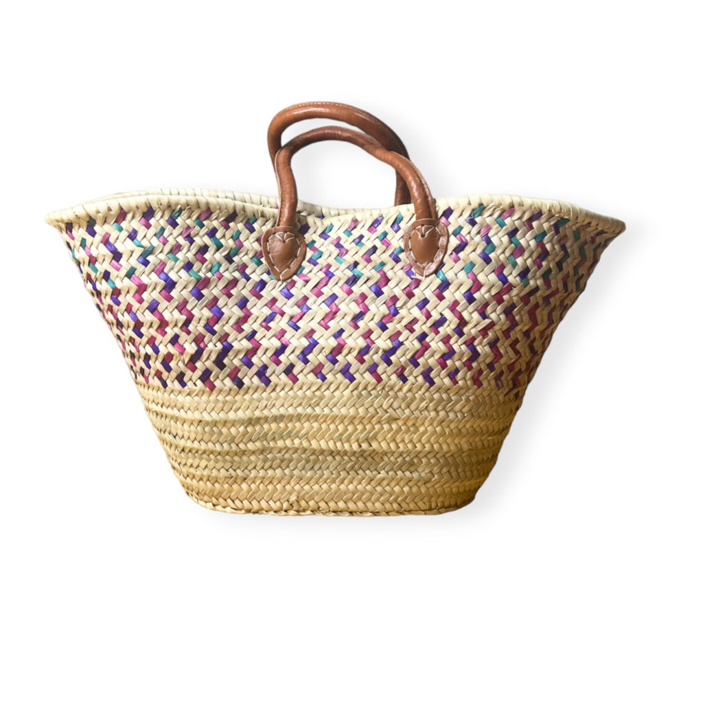 Basma Unique Moroccan Wicker Basket with Green, Eggplant and Light Mauve Patterns