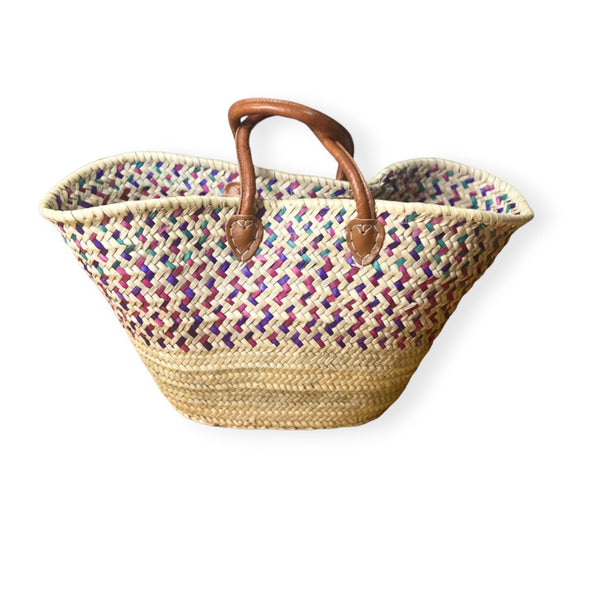 Basma Unique Moroccan Wicker Basket with Green, Eggplant and Light Mauve Patterns