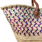 Basma Unique Moroccan Wicker Basket with Green, Eggplant and Light Mauve Patterns