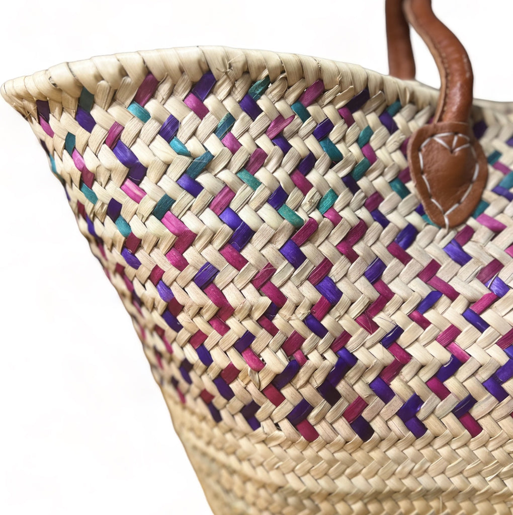 Basma Unique Moroccan Wicker Basket with Green, Eggplant and Light Mauve Patterns