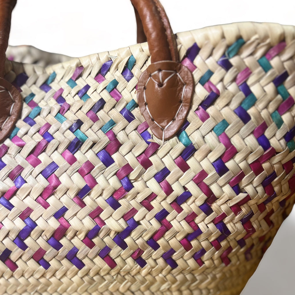 Basma Unique Moroccan Wicker Basket with Green, Eggplant and Light Mauve Patterns