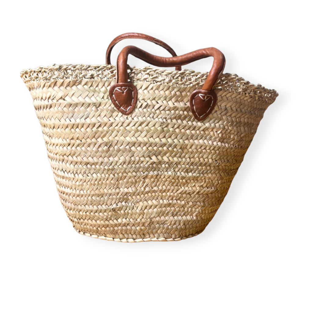 Selma Handcrafted Moroccan Wicker Basket with Leather Handles and Lace-Like Detailing