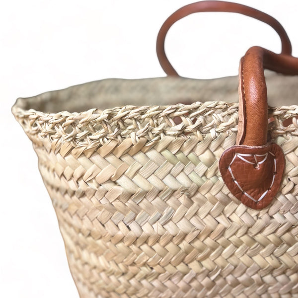 Selma Handcrafted Moroccan Wicker Basket with Leather Handles and Lace-Like Detailing