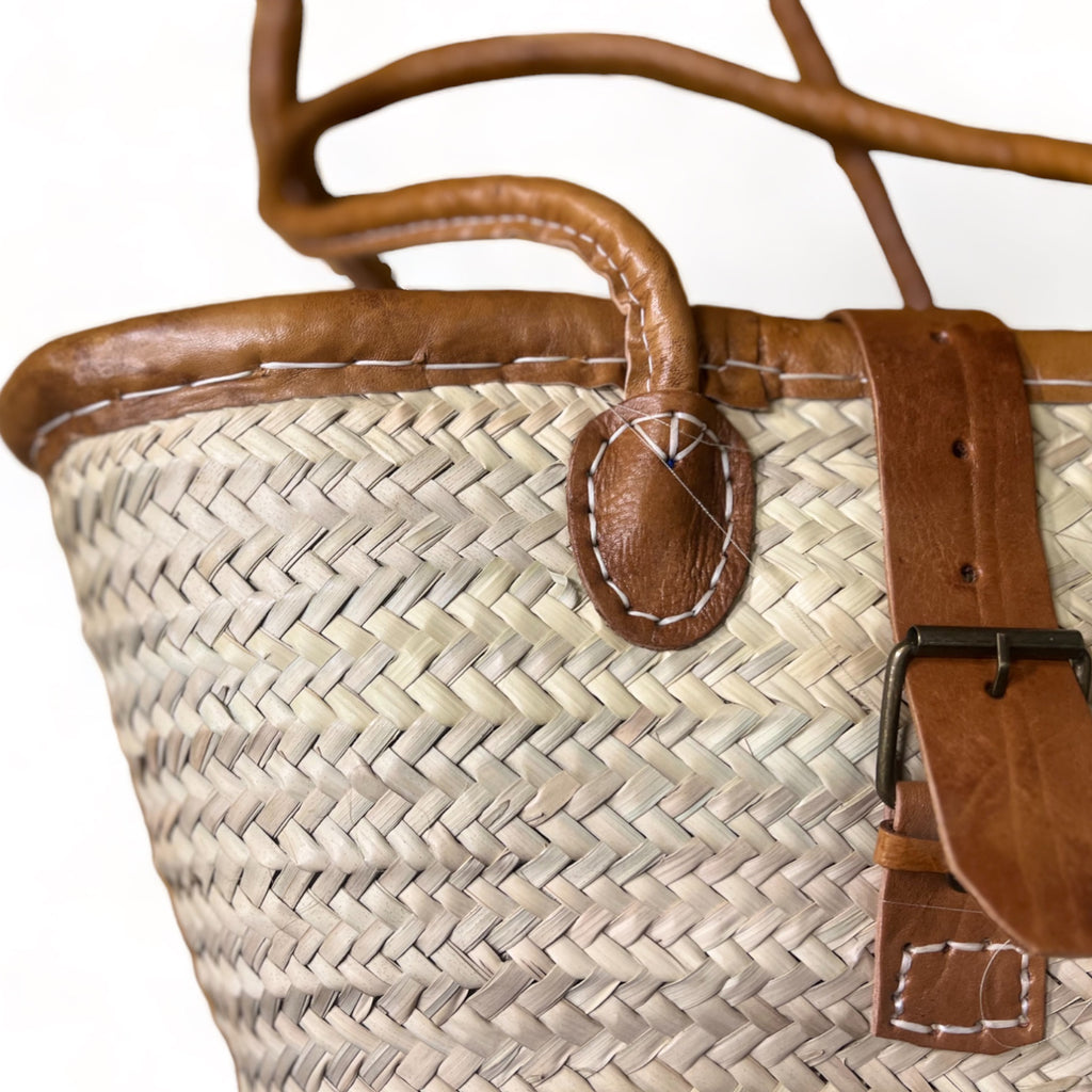 Samia - Secure Moroccan Wicker Basket with Leather Handles and Cloth Lining