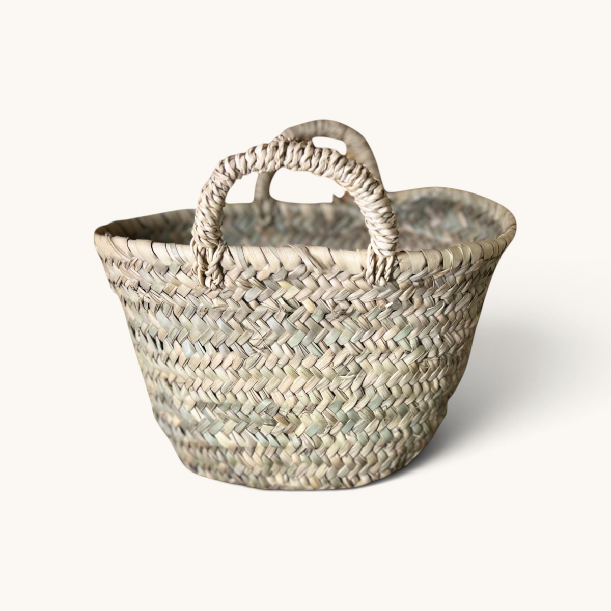 tuyya Soussou petite handcrafted Moroccan wicker basket with woven handles for home decor or gift giving