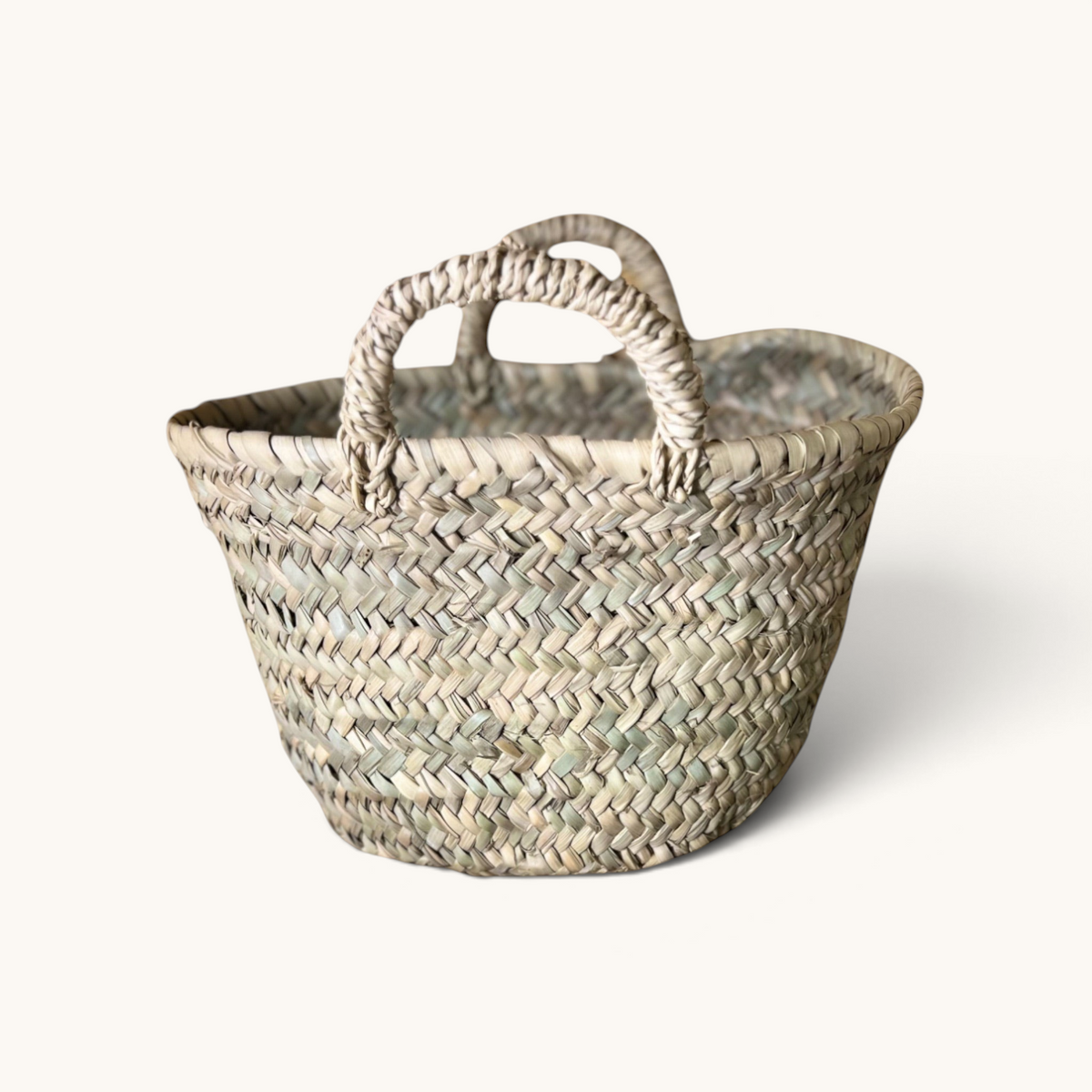 tuyya Soussou petite handcrafted Moroccan wicker basket with woven handles for home decor or gift giving