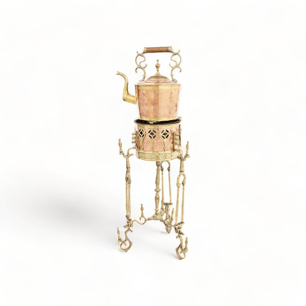 Antique Moorish brass and copper tea pot set, Moroccan samovar from Draa Valley, 115cm tall, Berber craftsmanship