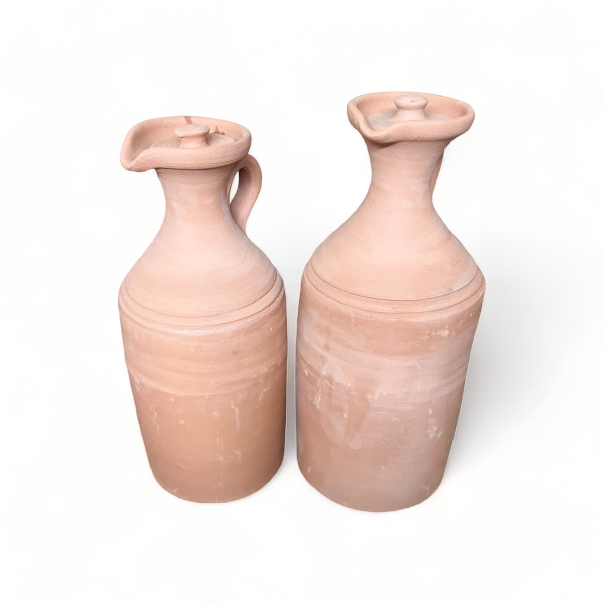 Berrada Moroccan terracotta water jar, straight silhouette, medium and large sizes side by side