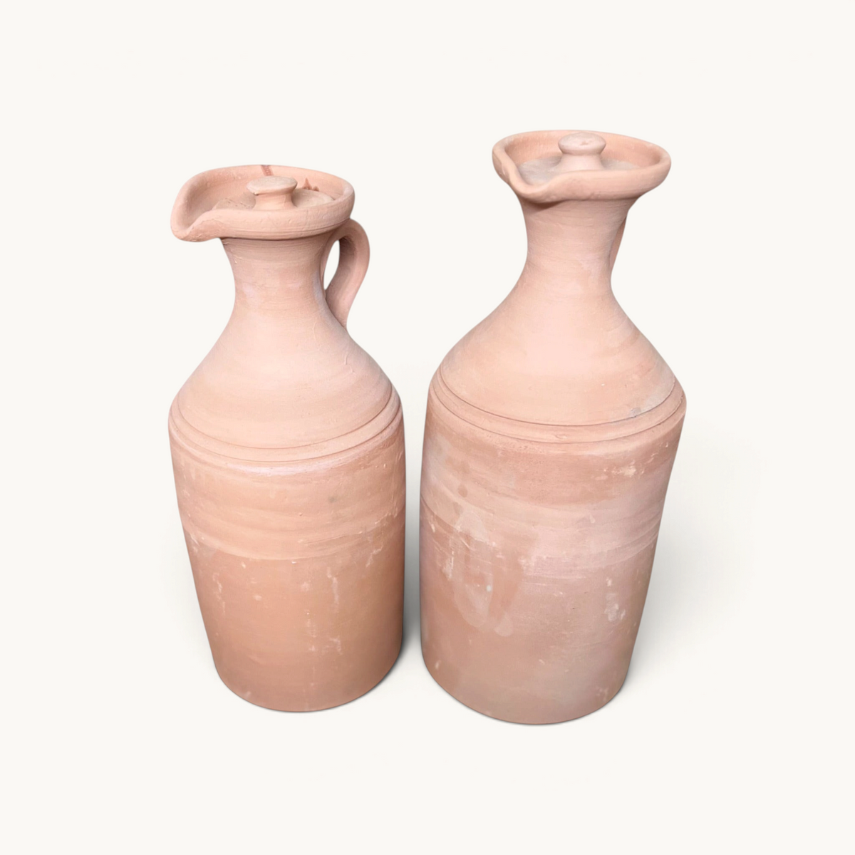 Berrada Moroccan terracotta water jar, straight silhouette, medium and large sizes side by side