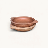 TUYYA handcrafted round unglazed clay tapas dishes from Oued Laou with side handles for serving mezze.