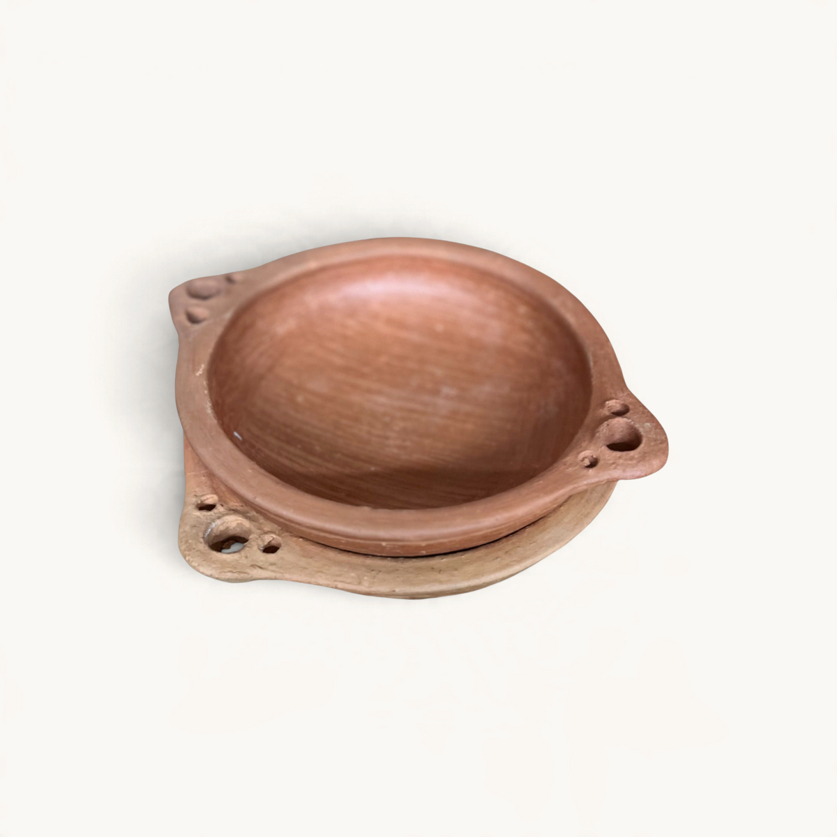 TUYYA handcrafted round unglazed clay tapas dish from Oued Laou with two decorative pierced handles