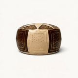 TUYYA handcrafted goat leather ottoman in brown and sand patchwork with intricate gold thread embroidery from Fès.