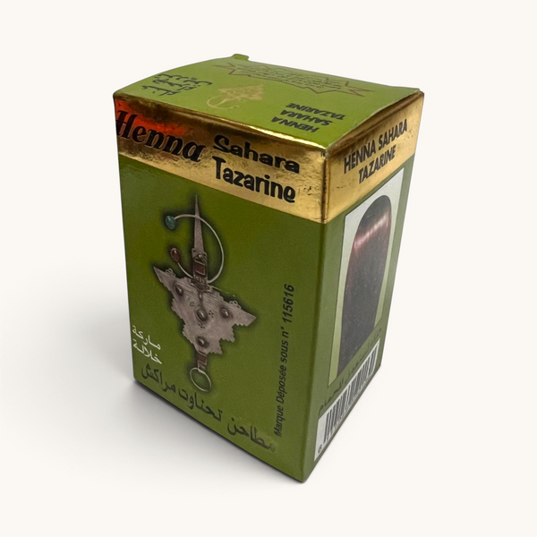 tuyya Natural Henna Sahara Tazarine hair coloring powder in a green rectangular box with traditional Moroccan design.