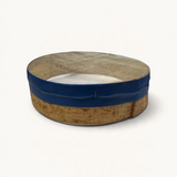 TUYYA authentic Moroccan wooden sieve with a natural wood frame, blue band, and traditional mesh for kitchen or decor.