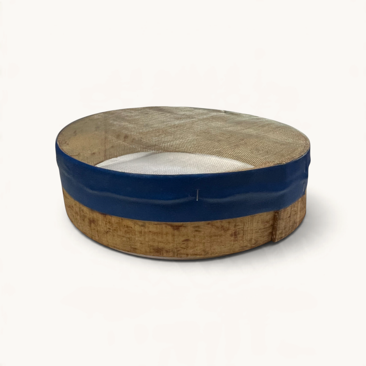 TUYYA authentic Moroccan wooden sieve with a natural wood frame, blue band, and traditional mesh for kitchen or decor.
