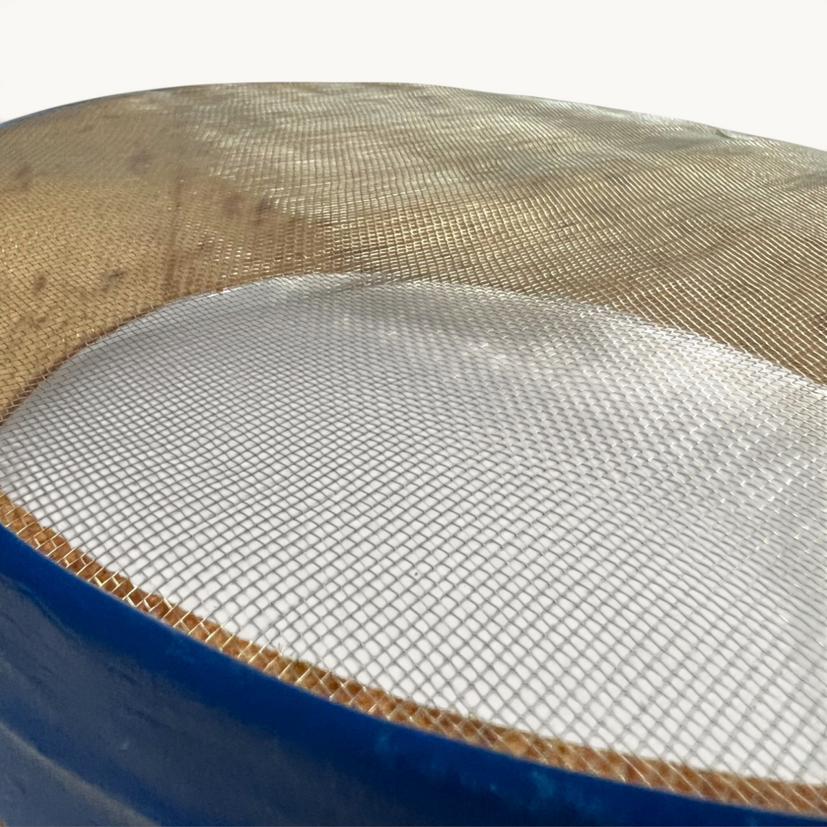 TUYYA handcrafted Moroccan wooden sieve with a natural mesh screen and a blue rim, ideal for rustic home decor.
