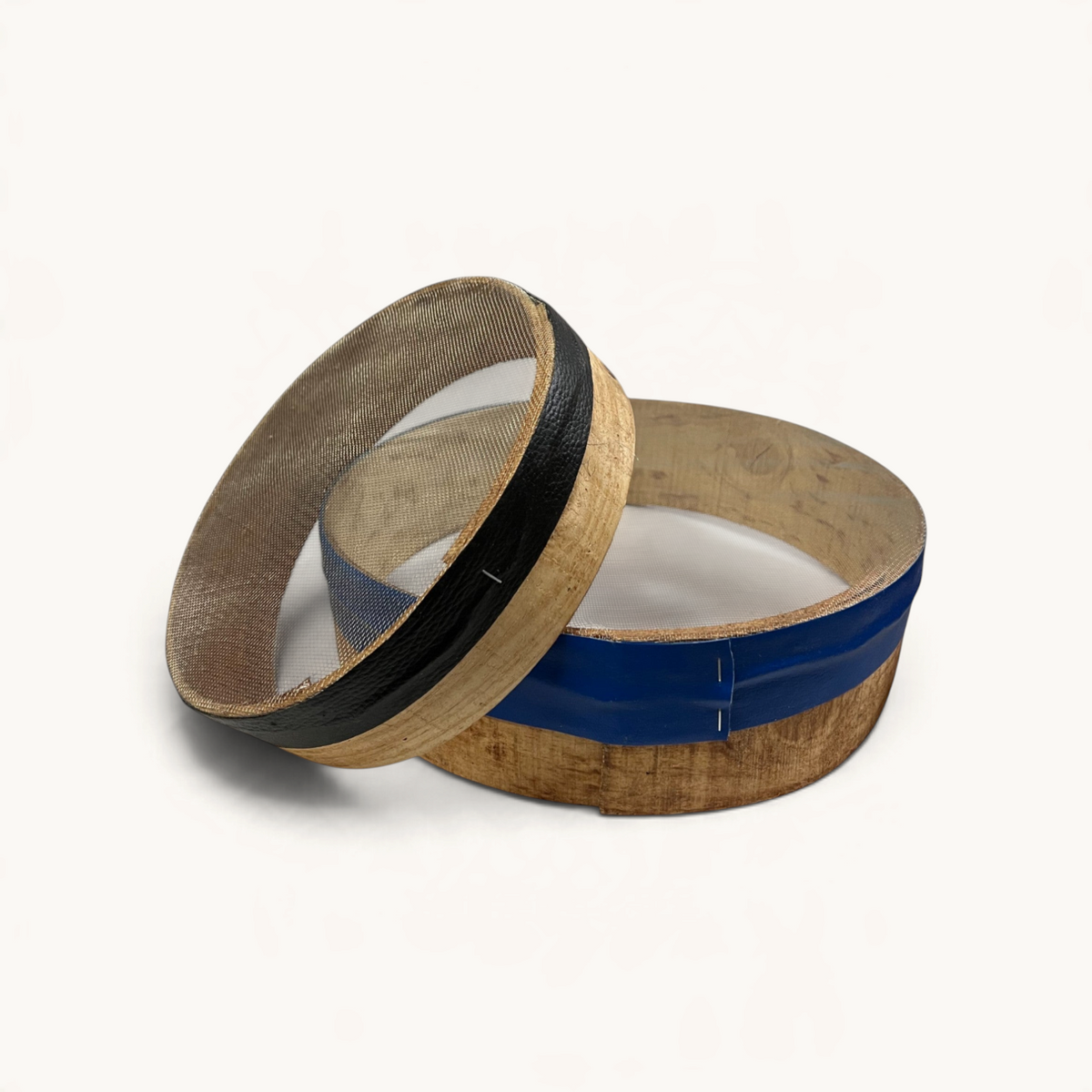 TUYYA handcrafted Moroccan wooden sieves with blue and black rim accents, perfect for rustic kitchen decor.