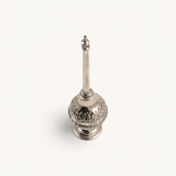 TUYYA silver-plated Moroccan rose water sprinkler bottle with intricate hand-embossed floral patterns.